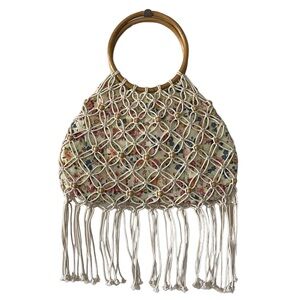 Boho bohemian macrame floral wood handle purse